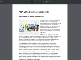 AQA GCSE Unit 2 Business: Case Study Activity