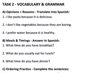 Year 8 – Food & Ordering in a Café/Restaurant