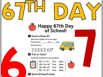 67th Day of School 67 Days Smarter Kindergarten-2 Fun Math & Writing Activities