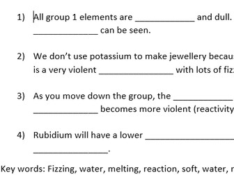 Group 1 Alkali Metals Gap Fill