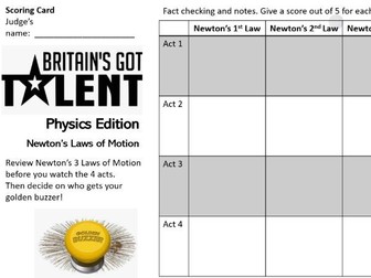 Newton's Laws of Motion BGT Powerpoint revision activity with worksheet