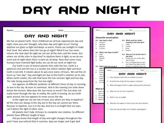 Day and Night Reading Comprehension Passage and Questions - PDF