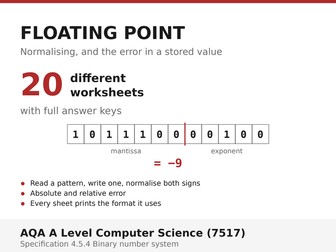 Floating Point Binary & Normalisation | AQA A Level Computer Science 7517 | 20 Worksheets + Answers