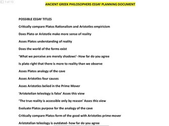 OCR RS ALEVEL- PHILOSOPHY- ESSAY PLANS FOR ANY ESSAY TITLE-  TOPIC: ANCIENT GREEK PHILOSOPHERS