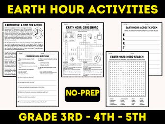 Earth Hour: Reading + Question + Activities Puzzles Grade 3rd - 5th Sub plans