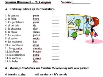 La Ropa / De compras - Spanish Worksheet on Clothing Shopping (Partner Activity)