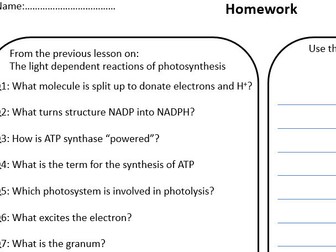 Flipped HW - light dependent reactions of photosynthesis