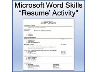 Resume Lesson Activity for Teaching Microsoft Word Skills