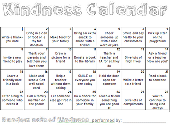 Kindness Calendar PSHCE