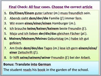 All 4 cases in German for the definite and indefinite article (bestimmter und unbestimmter Artikel)