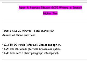Pearson Edexcel Spanish GCSE Writing Paper set 1 H+F - M1