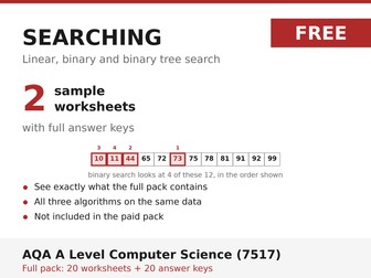 FREE Searching Algorithms Sample | AQA A Level Computer Science 7517 | 2 Worksheets + Answers