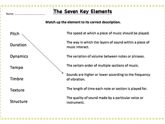 Seven Elements of Music Worksheet
