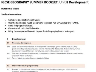 IGCSE Geography - summer booklet - Unit 8 - Development - new specification for exams in 2027