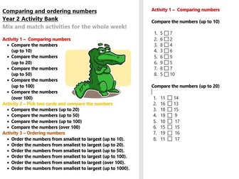 Comparing and ordering numbers Year 2 Activity Bank (Differentiated)