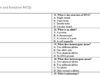 AQA GCSE Biology Topic 6: Inheritance, Variation and Evol – 20 Multiple Choice Questions and Answers
