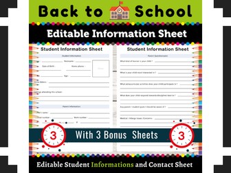 Editable Student Information and Contact Sheet  : Back to School Essential Form