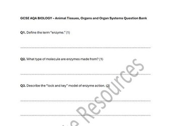 GCSE AQA BIOLOGY - ANIMAL TISSUES, ORGANS AND ORGAN SYSTEMS QUESTIONS AND MARK SCHEME