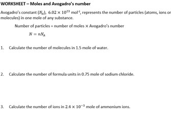 WORKSHEET – Moles, Particles and Avogadro’s number