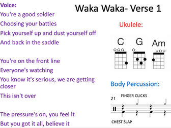 Waka Waka Shakira Ukulele 4 Chord/Body Percussion/ Vocal Arrangement