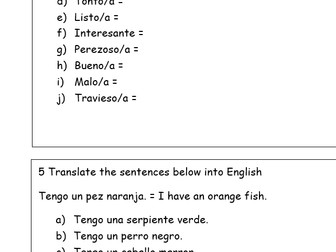 Y7 Spanish pets/adjectives cover/worksheet