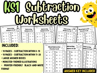 KS1 Subtraction Worksheets | Monster Theme | Subtracting Numbers 0–20