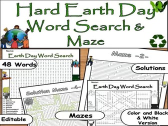 Earth Day April 22nd :Hard Word Search & Maze with 48 Words Find Puzzles