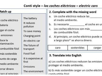 Electric Cars in Spanish – Conti-Style Vocabulary & Practice Worksheet (National 5 / GCSE)