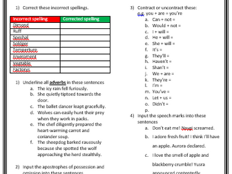 KS2 KS3 SPAG grammar worksheet adverbs, apostrophes, speech marks, contractions