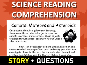 Comets, Meteors and Asteroids Reading Science Story Comprehension Questions Worksheet