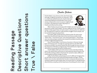 Charles Dickens Biography Reading Comprehension Passage Printable Worksheet PDF