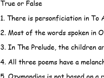 Poetry Quiz on Ozymandias, The Prelude and To Autumn