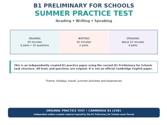 Summer B1 Preliminary Practice Test | Reading, Writing, Speaking & Grammar + Answer Key