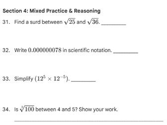 Irrational Numbers, Standard Form, and Index Laws worksheet.