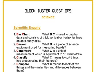 Science assessment questions in the style of Blockbusters
