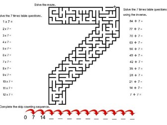 Times table practice, mazes, inverse and skip count 7x table.