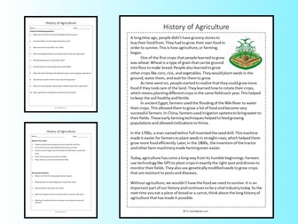 History of Agriculture Reading Comprehension Passage Printable Worksheet