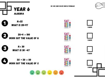 Solving simple algebra equations worksheet (HA), model answers + teacher help sheet (YR 6)