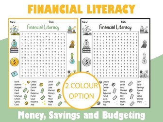 Financial Literacy Word Search Puzzle for Students- Money, Savings and Budgeting