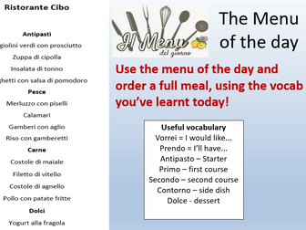 Al ristorante - Ordering at the restaurant Italian Lesson and menú sheet