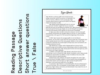 Tiger Woods Biography Reading Comprehension Passage Printable Worksheet PDF