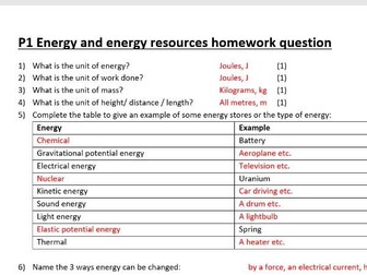 Energy and energy resources homework/ worksheet with answers