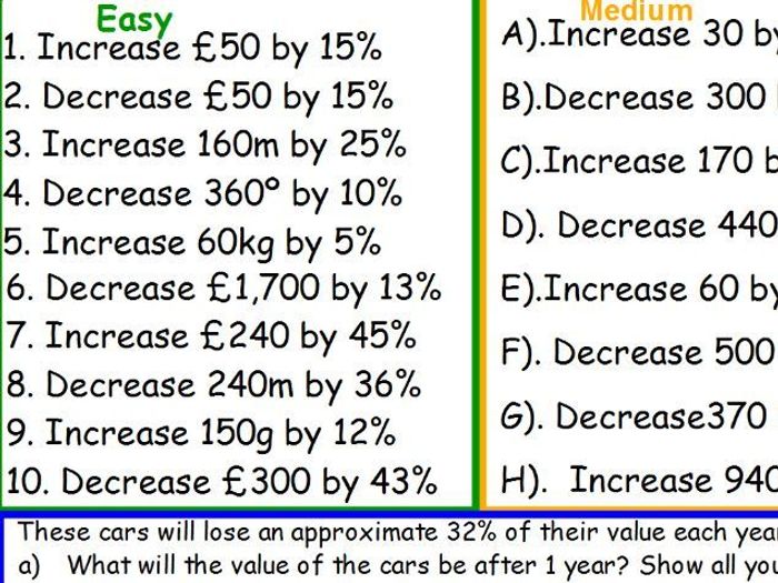 Percentage Increase And Decrease Using Multipliers | Teaching Resources