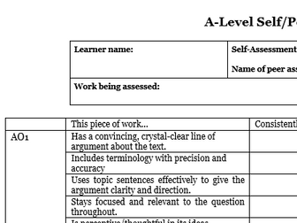 A-Level Self and Peer Assessment Sheet for AQA English Literature