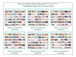 Phonics Consonants F-S-K-L-P-T 6 Worksheet Bundle