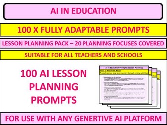 Generative AI Prompt Bank for Teachers - Editable | 100 Lesson Planning Prompts Across 20 Focuses