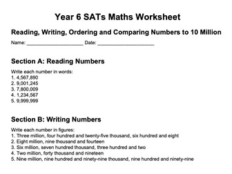 SATs - Reading, writing, ordering and comparing numbers up to 10 million