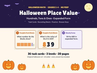 Halloween Place Value Task Cards | Hundreds Tens Ones & Expanded Form | Grades 2-4