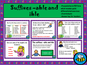 Suffixes -able and -ible worksheets and presentation