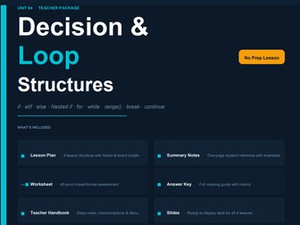Python Decision and Loop Structures Lesson – If, Else, For & While (Slides + Worksheet)